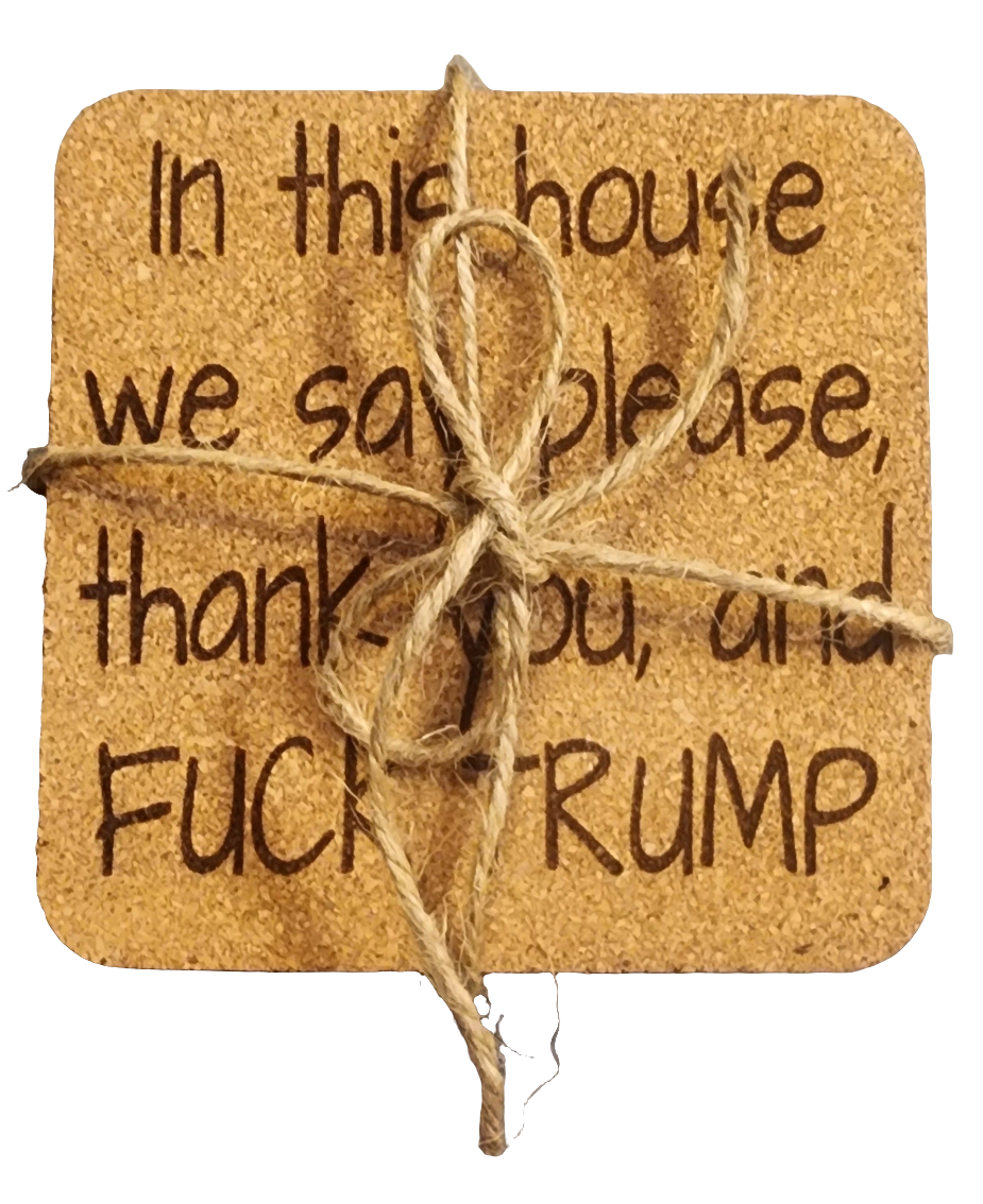 In this house 4 pack Twine Wrapped Cork Coaster Gift Set