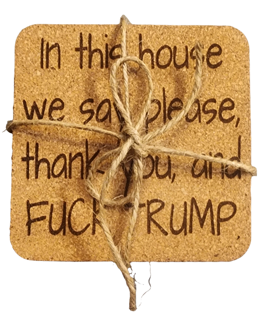 In this house 4 pack Twine Wrapped Cork Coaster Gift Set