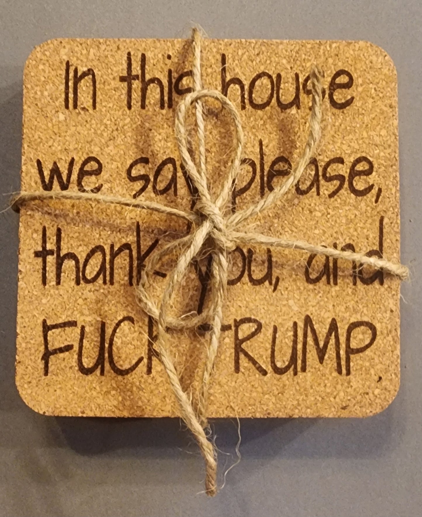 In this house 4 pack Twine Wrapped Cork Coaster Gift Set