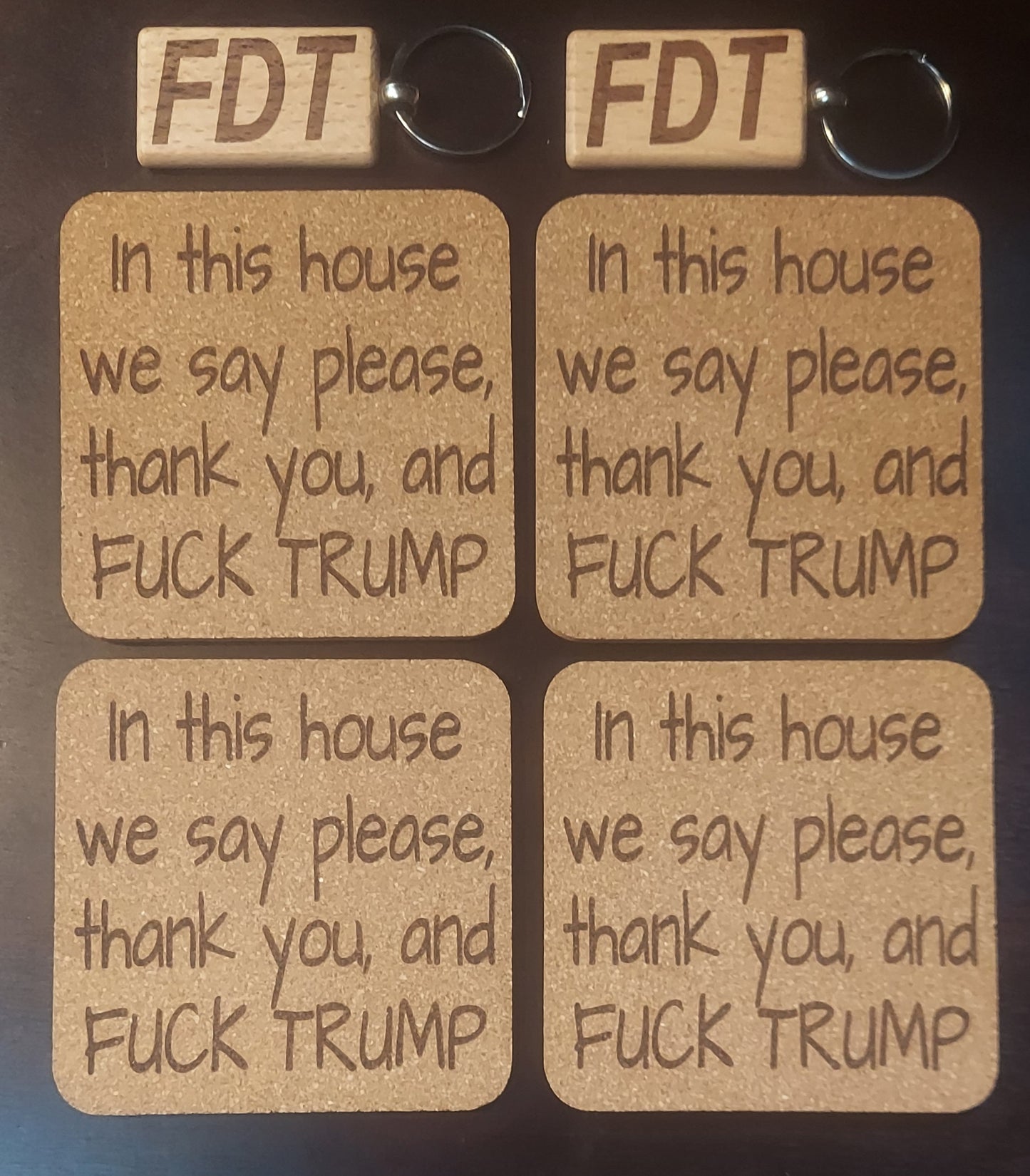 Bundle (4) In this House Cork Coasters and 2 FDT Keychains